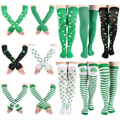 12 Pairs St. Patrick's Day Women Stripe Knee Thigh High Socks and Irish Green White Arm Warmer Fingerless Gloves Set