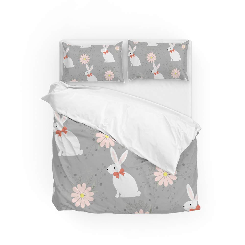 Housse de couette lapins blancs 3 pièces lit double ultra doux et facile d'entretien
