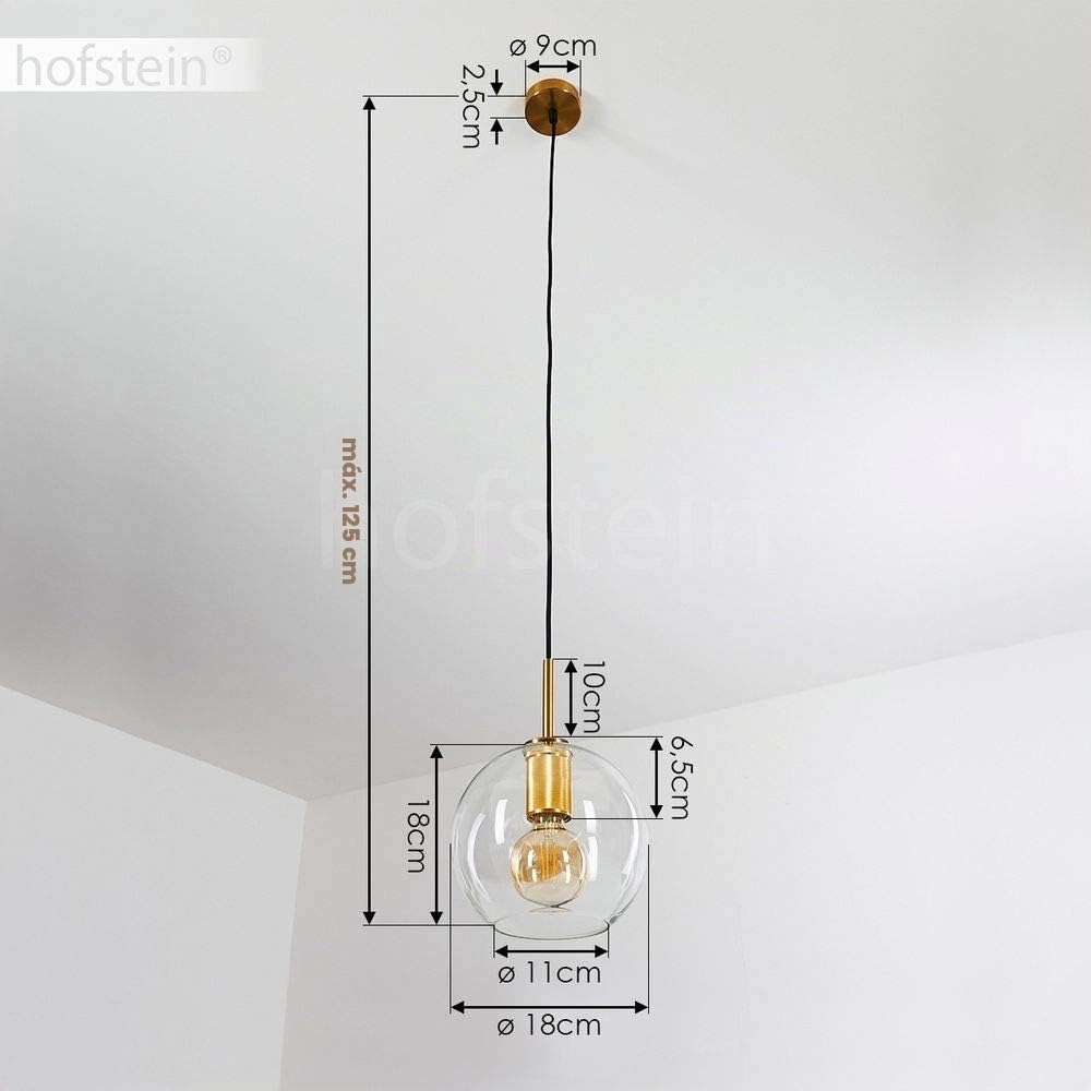 hofstein Lámpara colgante Karo, lámpara colgante retro de metal en dorado y pantalla de cristal transparente, lámpara de techo redonda de 1 luz, 1 x E27, altura 126 cm (ajustable), sin bombilla(s)