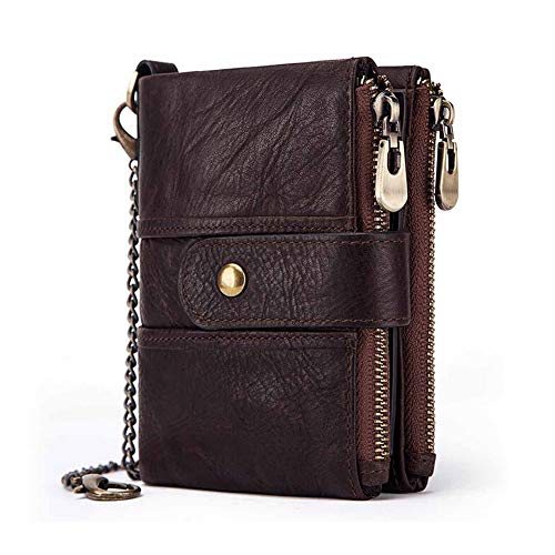 Leather Men Wallet with Anti-Theft Chain, Boshiho RFID Blocking Bifold Wallets for Men Double Zipper Coin Pocket Purse with ID Window, Double Anti-Theft (Coffee)