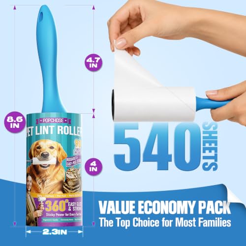 Image of POPCHOSE Lint Roller for Pet Hair Extra Sticky, 540 Sheets with 2 Handles