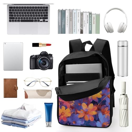 Blue And Orange Flowers Backpack - Durable 600D Polyester, 17 Inch Backpack with Ergonomic Adjustable Straps, Lightweight Travel Bag for Men & Women3