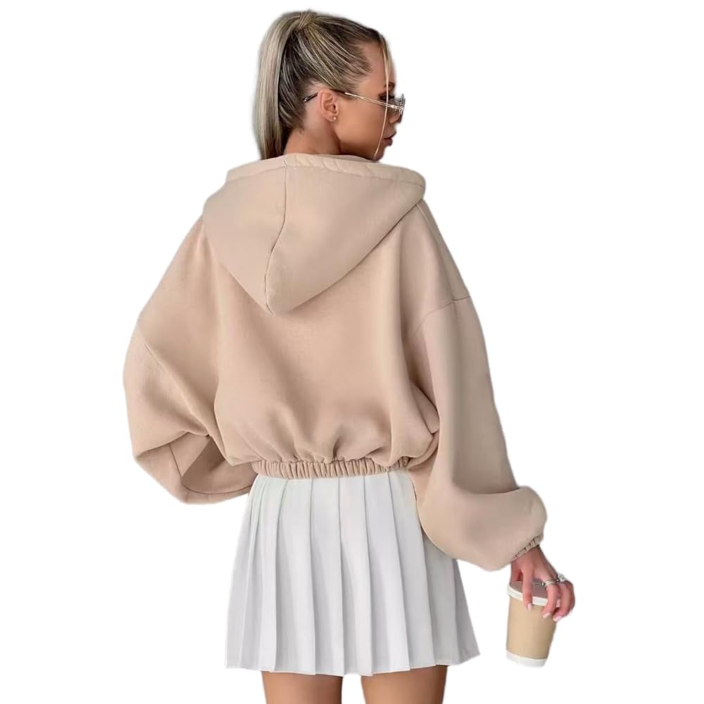 JCVBN Damska luźna wiosenna krótka bluza z kapturem ściągająca talię krótka bluza z kapturem na co dzień zapinana na zamek błyskawiczny kurtka z długim rękawem