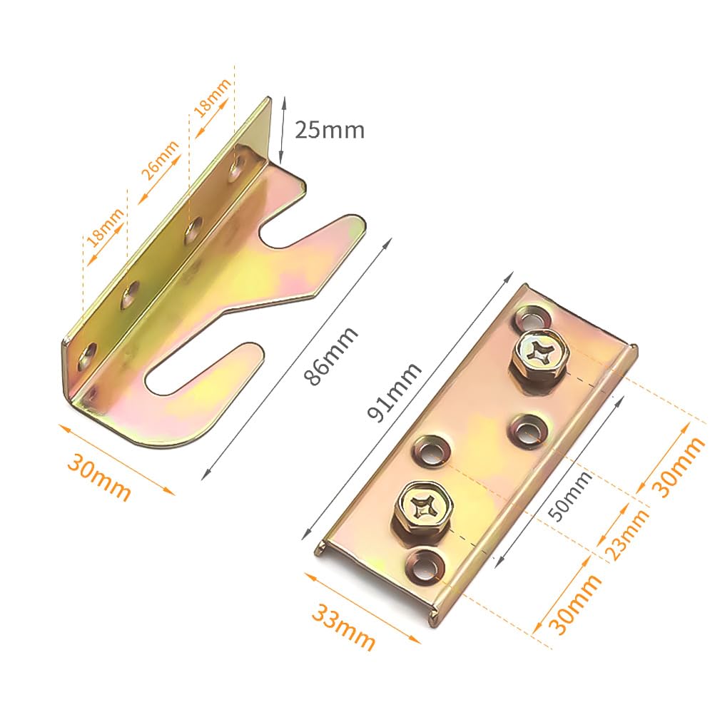 XURKEJI Bed Hinge Rail Brackets, Suspension Connecting Fittings Joiner Hooks Fastener for Bed Frame Metal Yellow Chromed (4, L-Shaped)