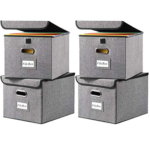 File Boxes [4Pack]Letter Legal Size Multi-purpose Linen File Storage Box Organizers Collapsible Foldable Decorative Linen Storage Hanging Filing Folders with Lids Office Gray File Box Filing Box