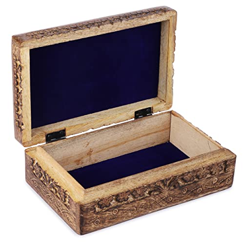 Ajuny Wooden Hand Carved Decorative Jewelry Box Moon Star Flower Carvings Vintage Keepsake Storage Organizer Travel Treasure Chest Trinket Holder Case Great Gifts 8x5 Inch - Image 3