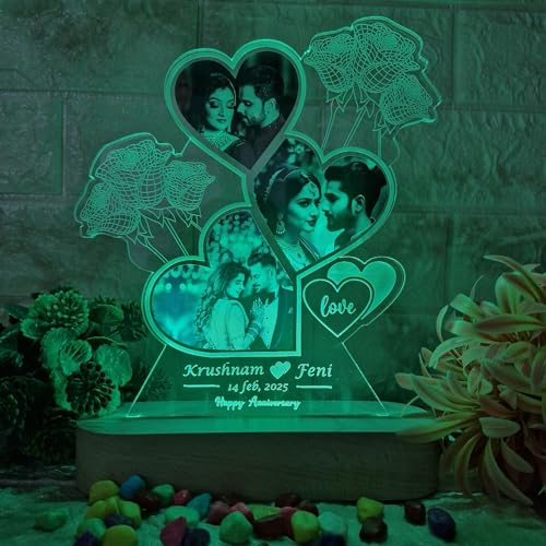Image of Personalized LED Heart-Shaped Acrylic Photo with Custom Name & Date - Romantic Anniversary Gift for Couples - Unique Love Night Lamp with Rose Design - Customizable for Valentine's, Weddings