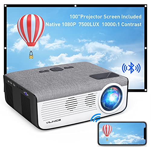 WiFi Projector, Vili Nice Native 1080P Projector 4k 7500L Bluetooth Projector for Outdoor 100,000 Life Hours Compatible with TV Stick, Ruko,HDMI,USB,TF,VGA,AUX,AV [100  Projector Screen Included]