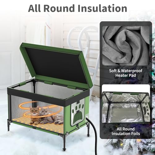 Image of Unbreakable Heated Cat House for Outdoor Cat in Winter, Waterproof & Windproof, Insulated Feral Cat Shelter Kitty Bed with Safety Pet Heating Pad for Outside Stray Cat (Green, 9.2''x17.7''x14.5'')