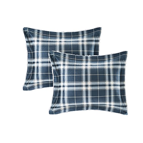 Comfort Spaces Aaron Sherpa Comforter And Throw Combo Set, Ultra Softy Fluffy Warm Checker Plaid Pattern Cold Weather Bedding, King/Cal King(104"X90"), Navy 4 Piece #TOP5