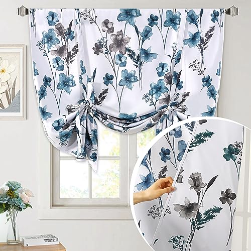H.VERSAILTEX Reversible Tie Up Curtains Cattleya Floral Printed Rod Pocket Panel for Small Window - Reversible in Blue/Teal- 42