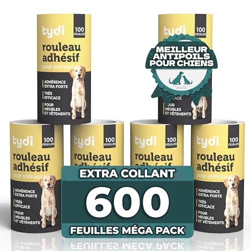 Tydi Rouleau Anti-Poils d'animaux réutilisable - 600 Feuilles, Brosse adhésive pour Poils d'animaux - 100 Feuilles par Rouleau adhésif, Recharge pour...