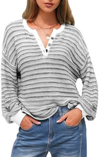 EXLURA Women's Oversized Striped Sweaters Long Sleeve Shirt Loose V Neck Button Henley Tops Fall Pullover Knit Jumper 2025