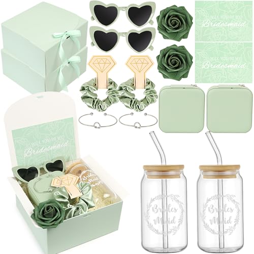 Bridesmaid Proposal Gifts Set 2 - Will You Be My Bridesmaid Kit with Elegant Box Jewelry Box Glass Cup Invited Cards Knotted Bracelets Sunglasses Scrunchies Raffia Grass (Green, 18Pcs)