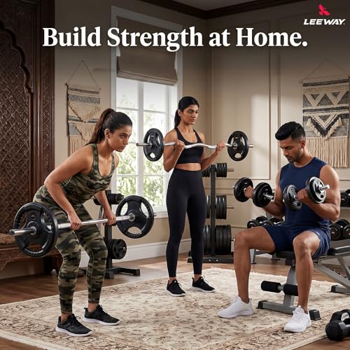 Image of Leeway 70kg Combo | Home Gym Set for Men | Barbell Rod with Plates and Dumbbell Set | Rubber Weight Plate, 3 Ft Curl + 5 Ft Rod (28mm) | Weightlifting Gym Equipments for Home Workout Kit Zym (1, Black, 70kg Set (2.5X4+5X4+10X4))