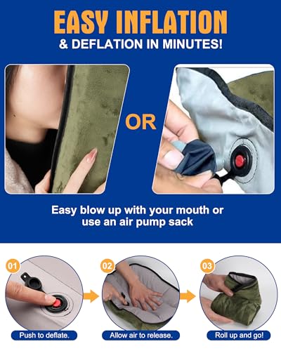 Image of Inflatable Camping Pillow - Ultralight Compact Travel Pillow, Picnic-Green | Beach, Blow Up, Portable, Sleeping Bag Pillow, Backpacking, Soft Velvet Cover, Machine Washable Air Pillow