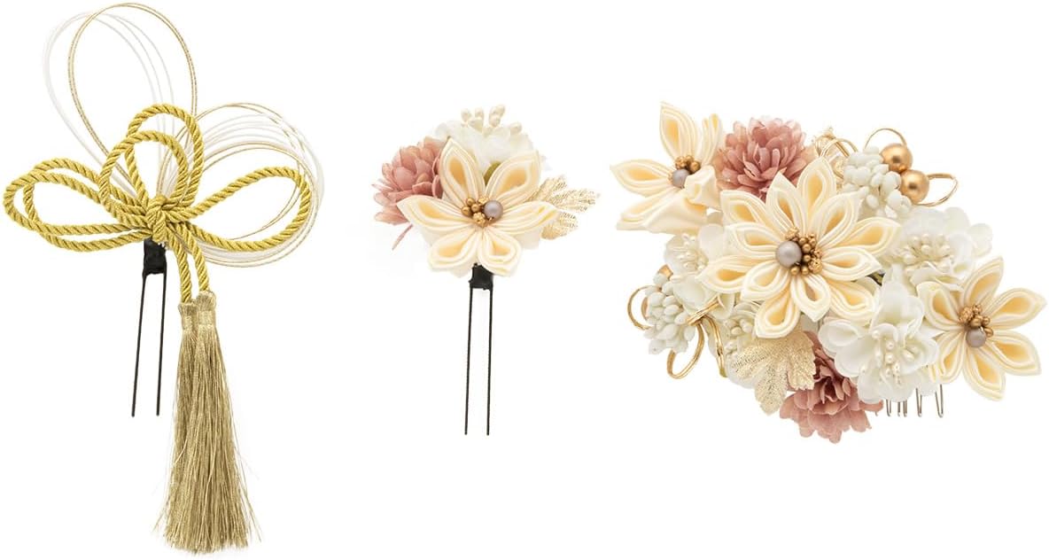 [SOUBIEN] ソウビエン 髪飾り 成人式 水引 つまみ細工 振袖 卒業式 袴 3点セット 桜 ピンポンマム 花 組紐 コサージ