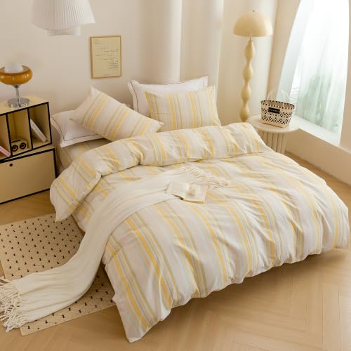 Image of Yellow Striped Duvet Cover Bedding Set 100% Washed Cotton Linen Like King