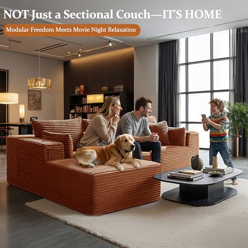 Image of 108 inch Cloud Sectional Couch, Comfort L Shaped Boneless Couch for Living Room, Extra Deep Seats No Assembly, Minimalist Modular Sofa, Corduroy (Deep Orange, 2 Seater+Left Facing Chaise)