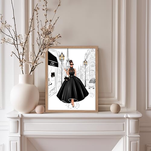 Image of Poster Master Lady in Black Print - Fashion Poster - Paris Designer Art - Modern Wall Design - Chic Gift for Women & Fashionista - Glam Decor for Bedroom or Girl's Room - 8x10 Beige Framed