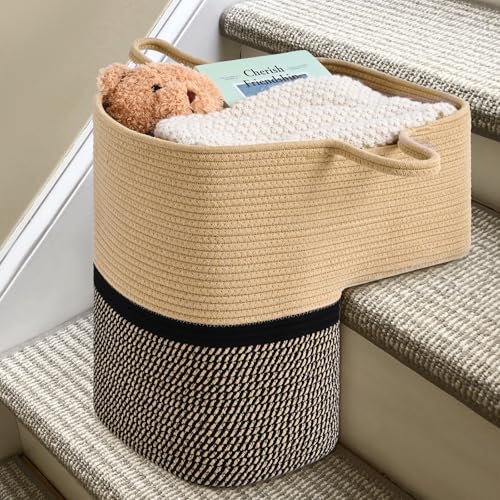 Image of Stair Basket for Wooden & Carpeted Stairs, Foldable Cotton Rope Step Basket with Handles, Staircase Storage Organizer, Brown&Black, 15 inch Lx 10 inch W x 15 inch H