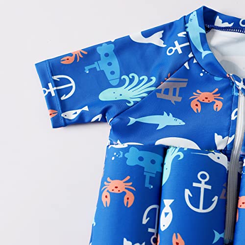 Digirlsor Baby Toddler Girls Boys Float Suit One Piece Rashguard Cartoon Short Sleeve Zip Up Buoyancy Swimsuit +Cap Blue, 1-2T #TOP5