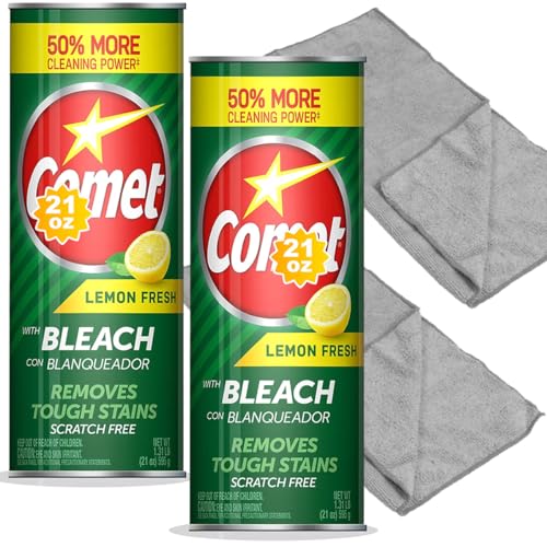 Cleaning Bundle: Comet Lemon Fresh Powder Cleanser with Bleach 21 oz Bottles 2 Pack + two 1216 microfiber cloths