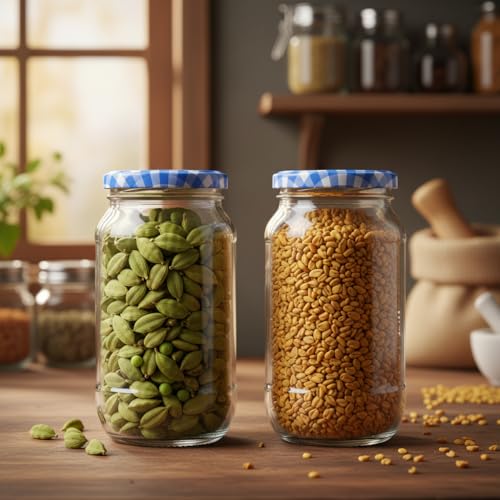 Image of ginoya brothers - Kitchen Glass Jar (4, 1000 ML JAR BLUE CHEX LID)