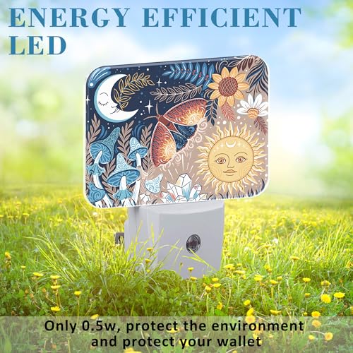 Image of Boho Moth Mushroom Night Light for Kids, Sun and Moon With Faces LED Night Light Plug into Wall with Dusk to Dawn Sensor for Girls Boys Women Men Room, Hallway, Kitchen, Bathroom, Stairs Decor