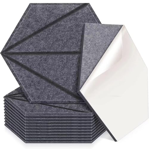 防音シート吸音材 防音パネル 30×26×0.9CM 六角形 12枚入り 背面に両面テープ付き おしゃれ 防音シート 防音 騒音対策 難燃性 消音 防潮 ノイズ吸収 エコー軽減 DIY 室内装飾 楽器 スタジオ 壁と天井兼用の商品画像（Amazon）