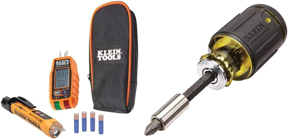 Klein Tools RT250KIT Non-Contact Voltage Tester and GFCI Receptacle Tester with LCD and Flashlight & 32308 Multi-bit Stubby Screwdriver, Impact Rated 8-in-1 Adjustable Magnetic Tool