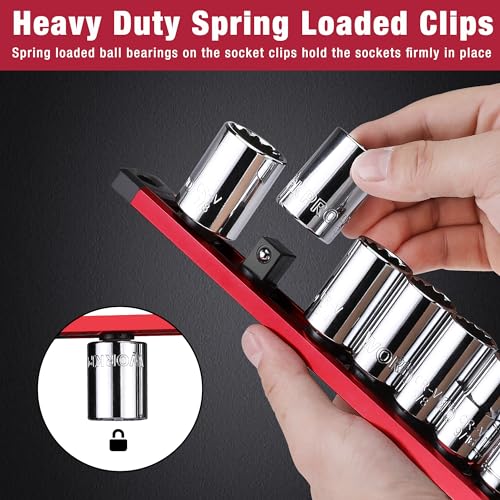 Image of WORKPRO Magnetic Socket Organizer Set, 3-Piece Aluminum Alloy Socket Rail, Heavy Duty Socket Holder, Socket Rack Kit 1 /4-Inch x 12 Clips, 3 /8-Inch x 10 Clips, 1 /2-Inch x 10 Clips (Red)