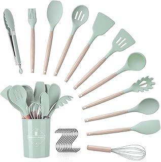 Ensemble ustensiles de cuisine, 12 pièces, ustensiles de cuisine avec manche en silicone et bois, sains, antiadhésifs, compatibles avec le lave-vaisselle, design résistant à la chaleur.