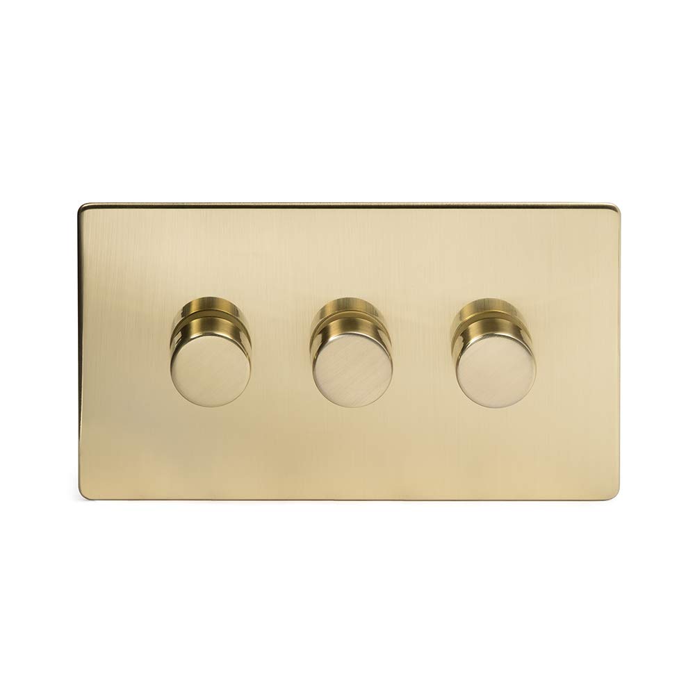 24k Brushed Brass Gold 2 Way Intelligent Trailing Dimmer Switch Screwless Faceplate (3 Gang 2 Way)