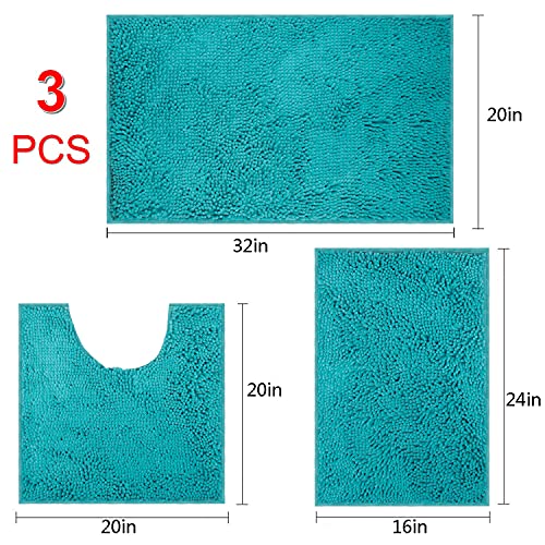3 Pieces Bathroom Rugs, Anti-Slip Chenille Bath Rug, Super Absorbent Luxury Shaggy Bath Mats Set, Perfect Plush Carpet For Tub, Shower, Bath Room,Machine Washable (Turquoise) #TOP6