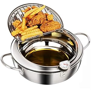 Deep Fryer Pot,304 Stainless Steel Tempura Frying Pot With Thermometer And Oil Drip Drainer Rack Lid for Turkey Legs…
