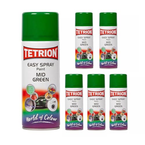 Image of Tetrion Easy Spray Paint - Mid Green 400ml (Pack of 6) - All-Purpose Fast Drying Acrylic Spray for Wood, Metal, Plastic, Ceramic & More, Smooth Base Coat - Indoor & Outdoor Use, 13.5 Oz