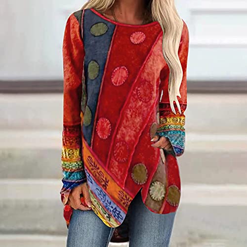 Blouses For Women Dressy Fashion Long Sleeve Loose Western Shirts Vintage Tunic Tops To Wear With Leggings Red #TOP1