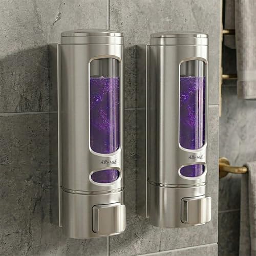 Image of ALTURAS Wall Mounted Liquid Soap Dispenser, ABS, 400 ML, for Shampoo, Sanitizer and Gel Handwash Dispenser (400 ML Silver Combo)