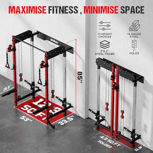 Image of WM3-V4 Folding Squat Rack, Wall Mounted Power Rack with Dual Independent Pulley System, Functional Trainer with 5 Adjustable Function Modes for Space Saving