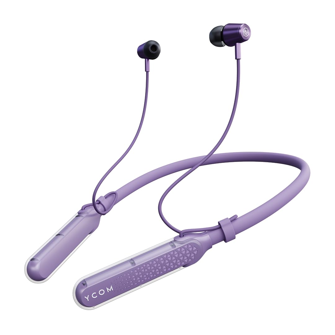 Ycom Funky Bluetooth Wireless in Ear Earphones with Mic 44H Playtime with Voice Change, Voice Assist, Fast Charge, Built in ENC & Magnetic On & Off, Neckband (Purple)