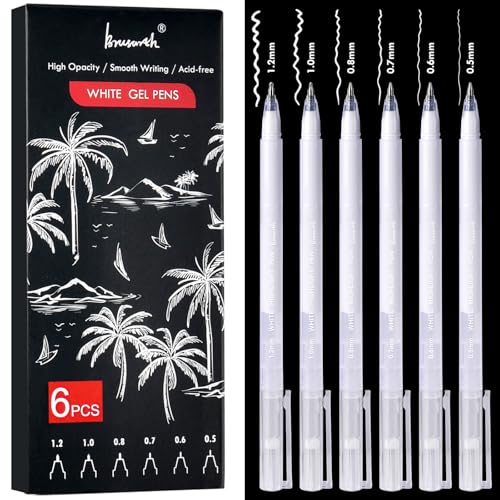 Brusarth Fine Point White Gel Pen Set, 6 Sizes for