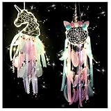 Osuter 2PCS Attrape Rêves de Licorne Fait Main Capteur de Rêves Multicolores Plumes Dream Catchers pour Enfants Chambre Murale Décoration