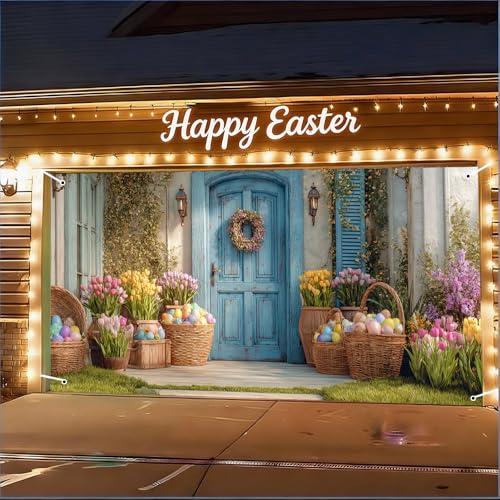 Image of Spring Blue Door Garage Cover 157x70 inch Easter Eggs Basket Tulip Floral Wreath Outdoor Mural Banner Farmhouse Waterproof Home Decor