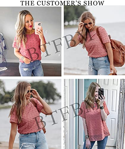 Btfbm Women's Cute Swiss Dot Casual Summer Tops Crewneck Short Sleeve Chiffon Blouses Solid Color Loose Fit Shirts Tees (Red, Large) #TOP2