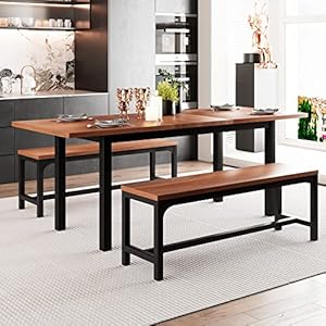 Feonase 3-Piece 63″ XL Large Dining Room Table Set for 4-8 People, Extendable Kitchen Table Set with 2 Benches, Metal Frame and Solid MDF Wood Board, Easy Assembly, Walnut