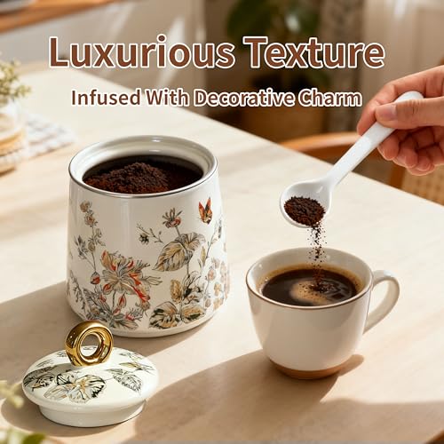 Ceramic Sugar Bowl with Lid and Spoon with Floral Pattern, Gold Trim - 7.5oz Elegant Sugar Jar with Lid and Spoon, Nordic Style for Kitchen, Dining, Cafe, Gift Idea (B) - Image 5