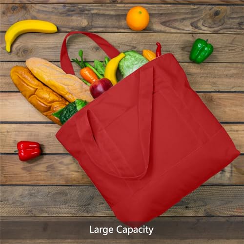 Image of TOPDesign 3-Pack Canvas Tote Bags with an External Pocket, Reusable Grocery Shopping Bags, Top Zipper Closure, Daily Essentials (Red)