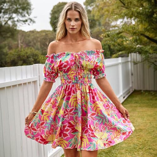 Image of Womens Summer Boho Dress Off-Shoulder Floral Mini Pleated Skirt Beach Vacation