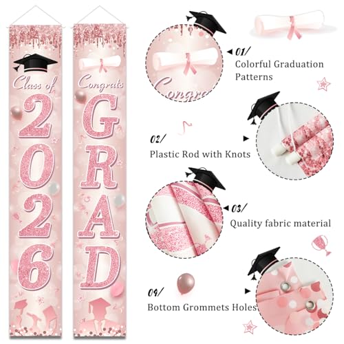 Image of 2026 Graduation Banner Pink Class of Congrats Grad Porch Sign and You Did It Graduation Door Cover for High School College Party Supplies Indoor Outdoor(Pink)